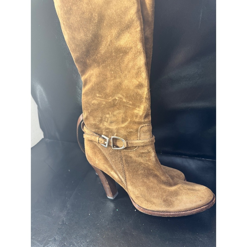 Ralph Lauren Collection Tan Suede Knee High Buckle Boots Made in Italy Size 10B
